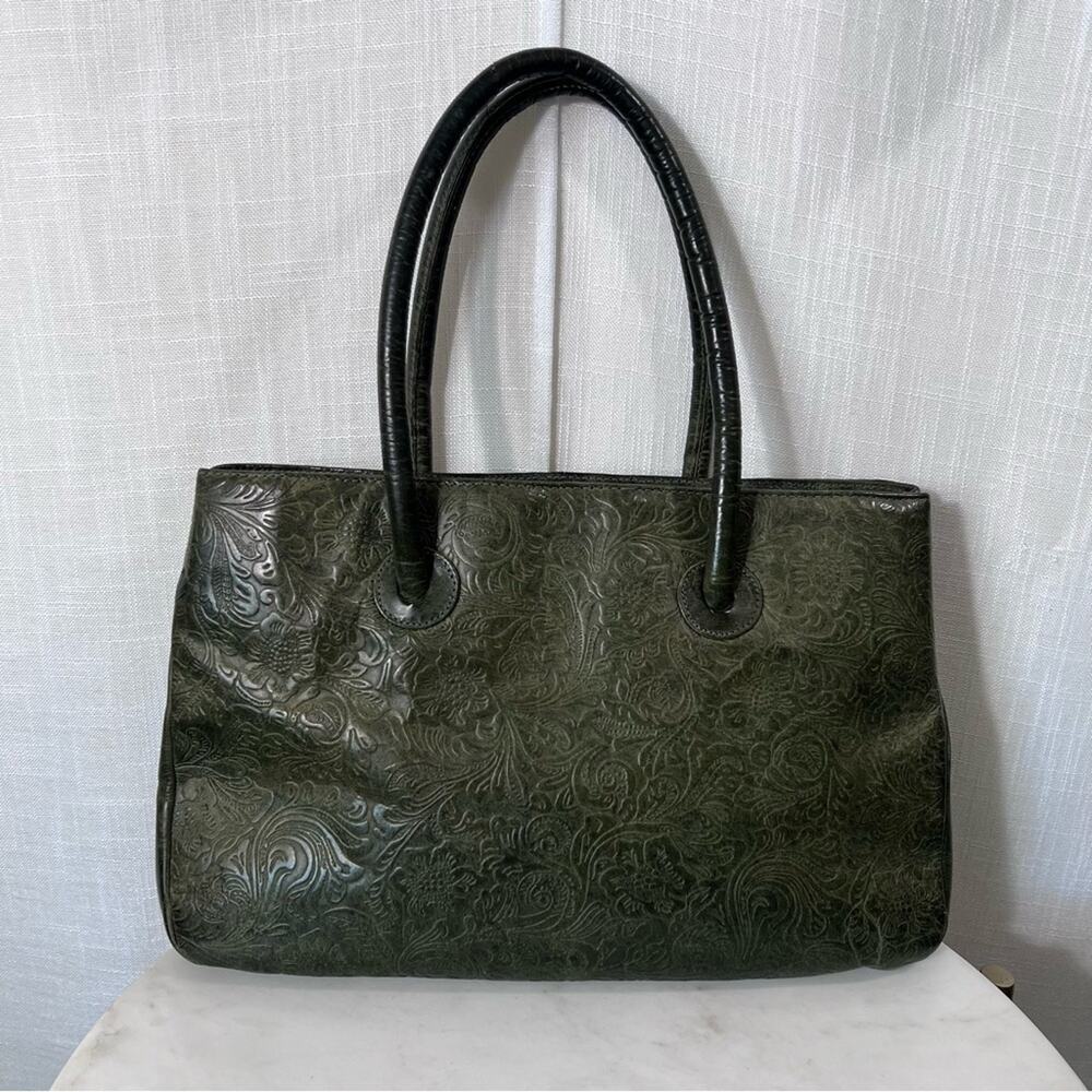Vintage Biacci Leather Embossed Floral Paisley Boho Rustic Shoulder Bag Tote